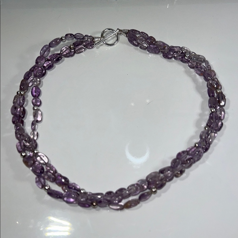 Three Strand Amethyst Sterling Silver Toggle Necklace